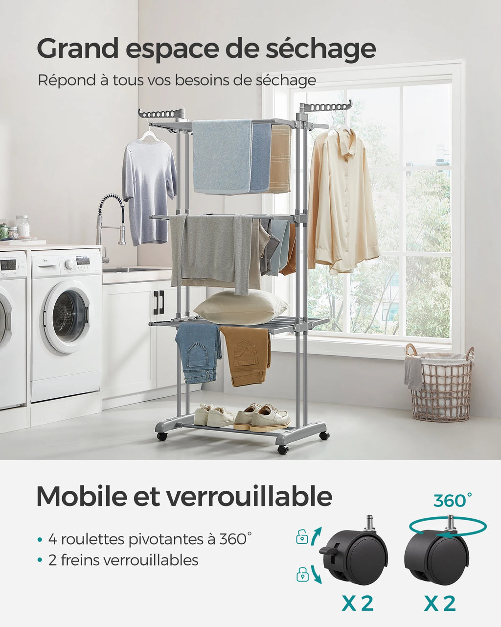 SONGMICS Large Clothes Airer, Foldable Clothes Drying Rack Laundry 4-Tier, Moveable Clothes Horse, 64 x 126 x 172 cm