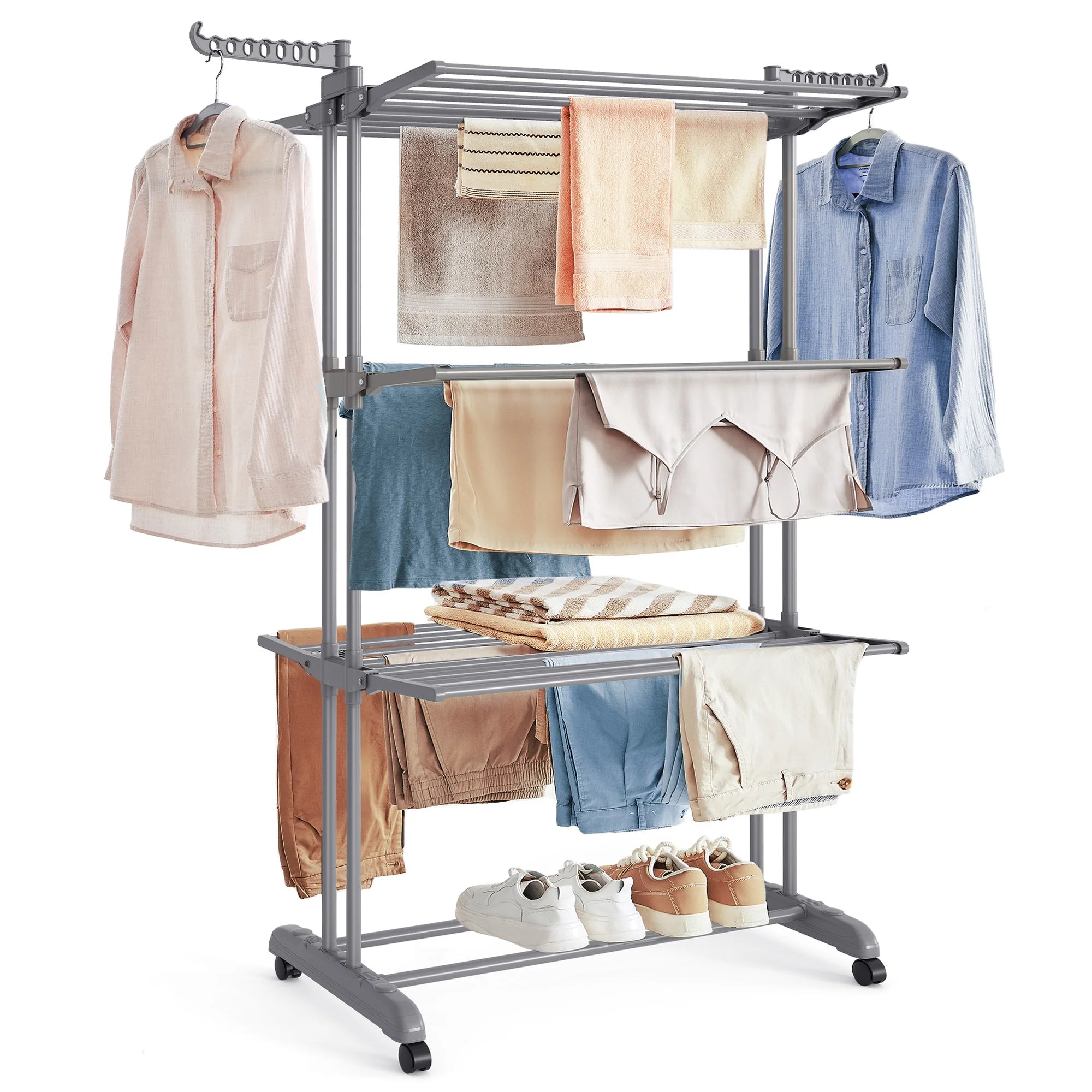 SONGMICS Large Clothes Airer, Foldable Clothes Drying Rack Laundry 4-Tier, Moveable Clothes Horse, 64 x 126 x 172 cm