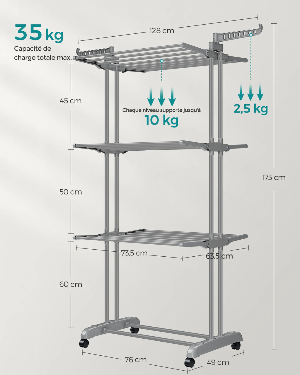 SONGMICS Large Clothes Airer, Foldable Clothes Drying Rack Laundry 4-Tier, Moveable Clothes Horse, 64 x 126 x 172 cm