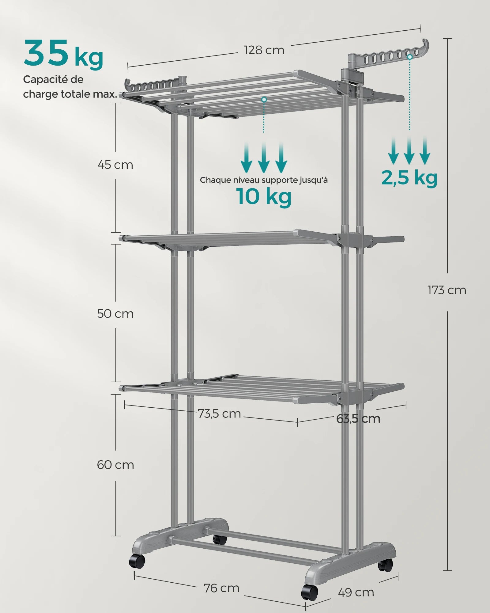 SONGMICS Large Clothes Airer, Foldable Clothes Drying Rack Laundry 4-Tier, Moveable Clothes Horse, 64 x 126 x 172 cm