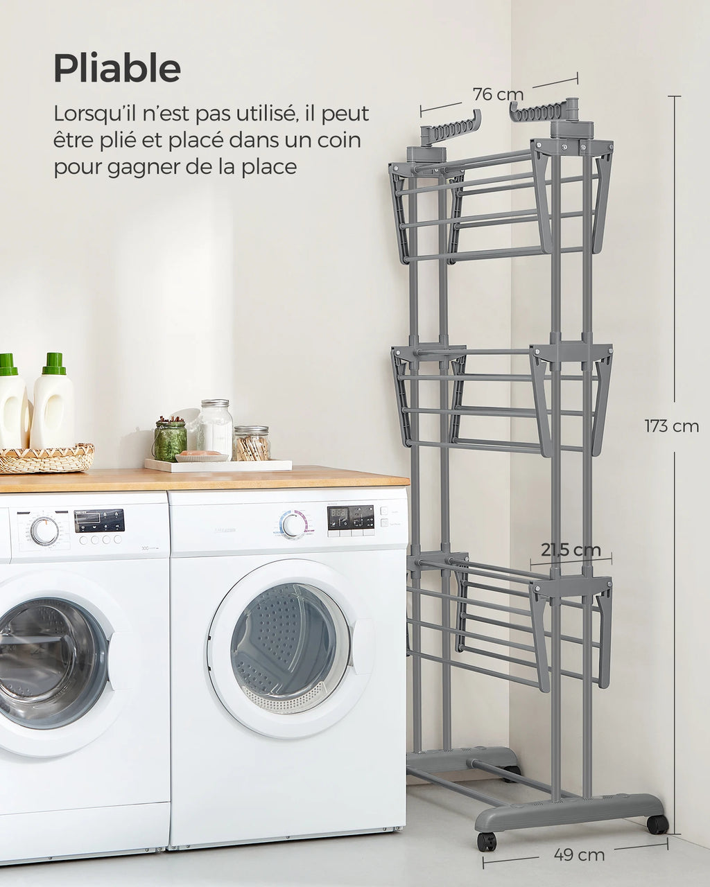 SONGMICS Large Clothes Airer, Foldable Clothes Drying Rack Laundry 4-Tier, Moveable Clothes Horse, 64 x 126 x 172 cm