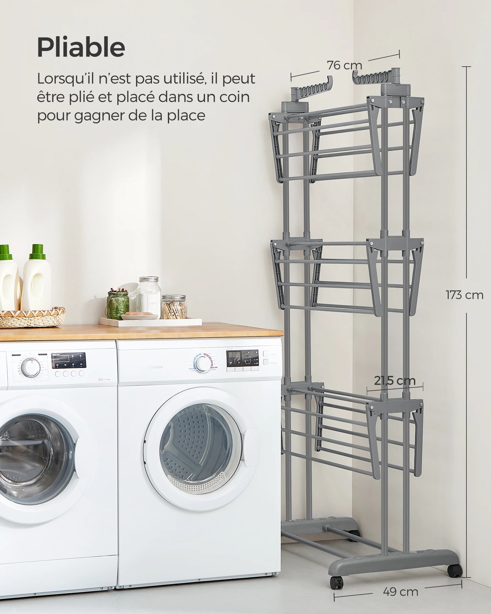SONGMICS Large Clothes Airer, Foldable Clothes Drying Rack Laundry 4-Tier, Moveable Clothes Horse, 64 x 126 x 172 cm