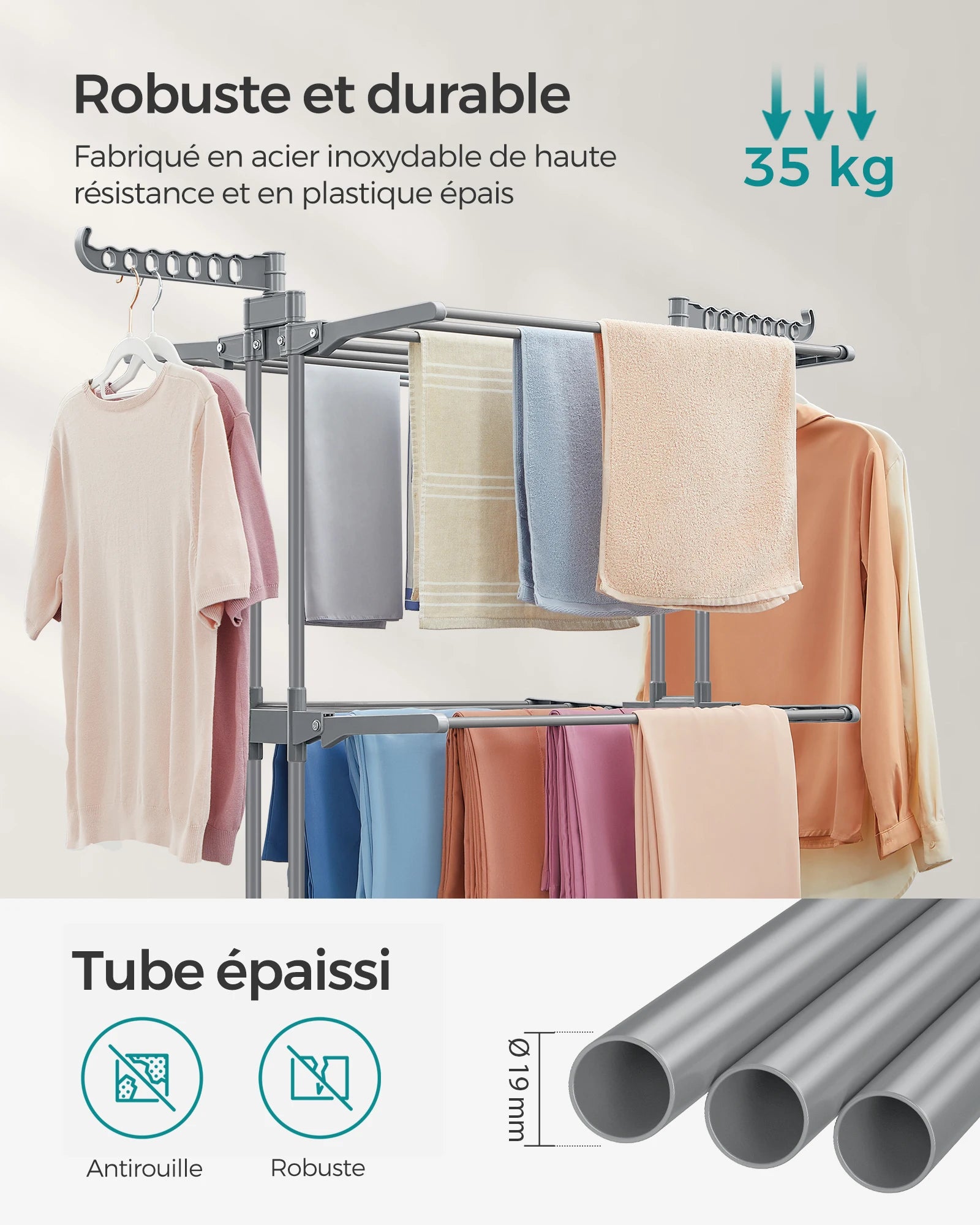SONGMICS Large Clothes Airer, Foldable Clothes Drying Rack Laundry 4-Tier, Moveable Clothes Horse, 64 x 126 x 172 cm