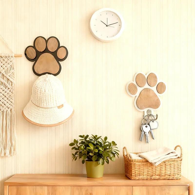 Fashion Wooden Paw Print Wall Hooks Pet Leash Storage Hanger Durable Safe Decorative Home Organizer for Hanging Clothes