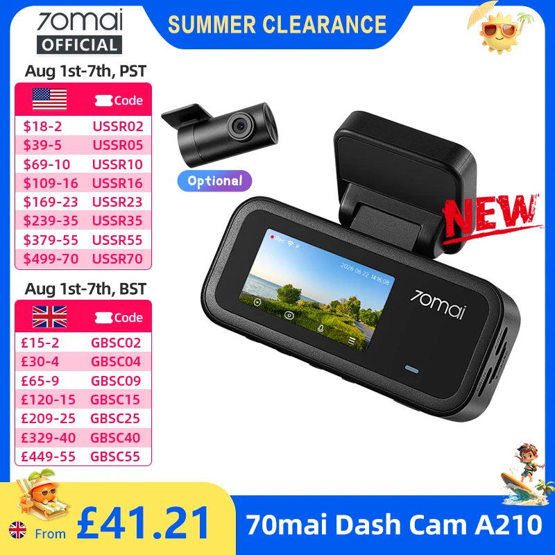 【New】70mai A210 Dash Cam 1080P HDR Night Vision Support Dual-Channel Supercapacitor Built-in GPS Wi-Fi6 24H Parking Surveillance