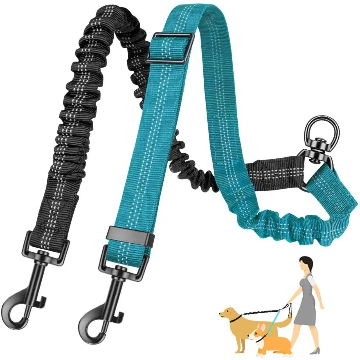 16ft Long Dual Dog Leash Attachment - Double Leashes for Training Small To Large Dogs - Adjustable Strap, Shock Absorbing Bungee